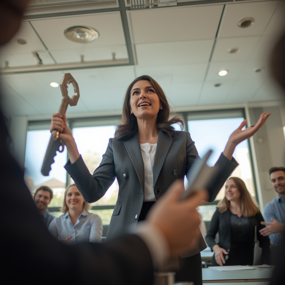Smiling businesswoman in a management role pictured in a modern office with her colleagues and team members in the background. She is holding a key that represents she has the ability and understanding of how to motivate her staff.